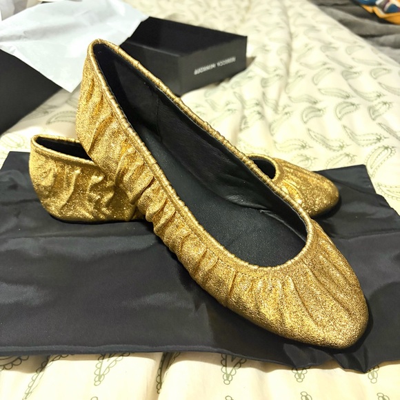 Rebecca Minkoff Sparkly Gold Glitter Rebecca Minkoff Ruched Ballet Flats 7.5 NIB - Picture 2 of 11